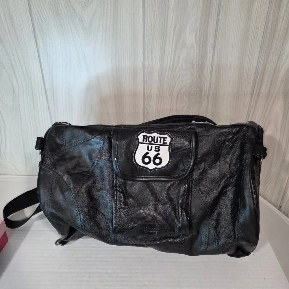 Genuine Buffalo Leather Motorcycle Bag Live to Ride Eagle USA Flag Patches Black